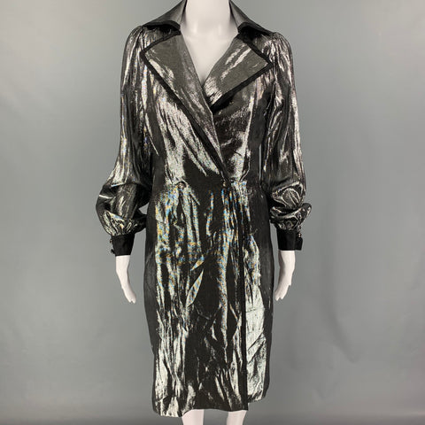 BILL BLASS Taille 2 Manteau à double boutonnage en soie métallisée noir argenté