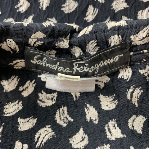 SALVATORE FERRAGAMO Size 10 Black & White Abstract Silk V-Neck Blouse