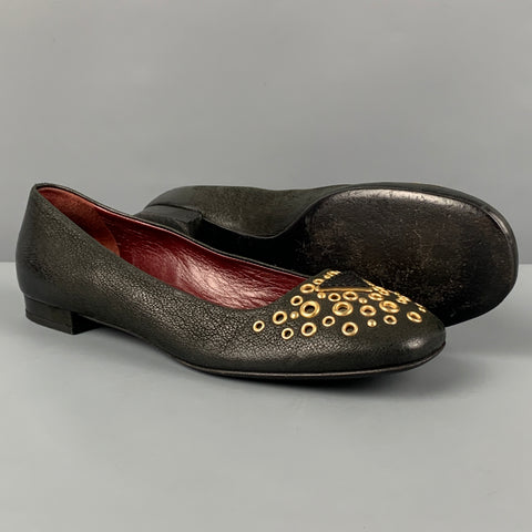 Vintage PRADA Size 6.5 Black Leather Grommet Flats