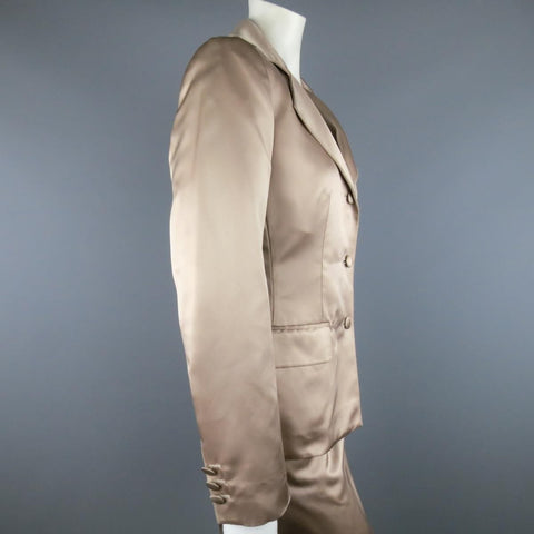 YVES SAINT LAURENT Rive Gauche Size 10 Muted Mauve Beige Silk Satin Top Stitch Skirt Suit