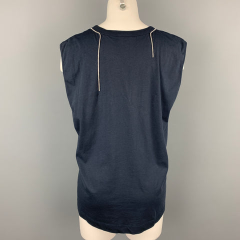 DRIES VAN NOTEN Size L Navy Jersey Cotton Rhinestone T-Shirt