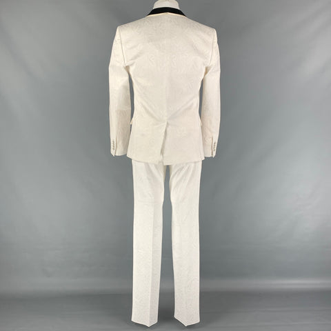 DOLCE & GABBANA Size 40 Regular White Jacquard Cotton Polyester Black Shawl Collar Suit