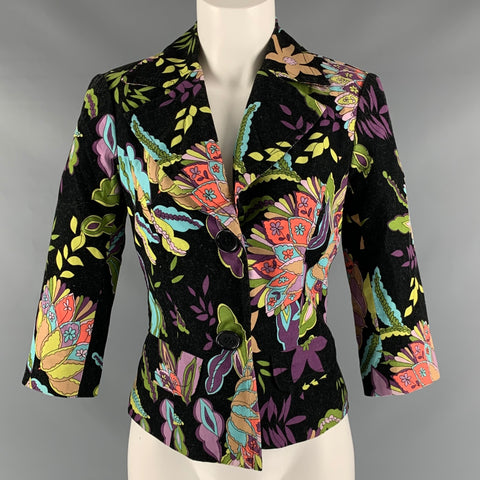 TRINA TURK Size 2 Black Multicolour Cotton 3/4 Sleeves Jacket