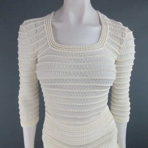 ALAIA Conjunto de falda con volantes y cuello redondo de punto de malla color crema talla M