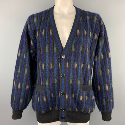Vintage MISSONI Size XL Black & Blue Stripe Mohair Blend V-Neck Cardigan