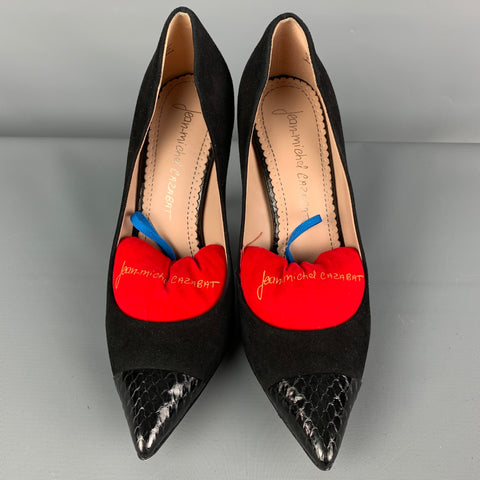 JEAN-MICHEL CAZABAT Zapatos de tacón con punta en punta de ante de lagarto negro Talla 9