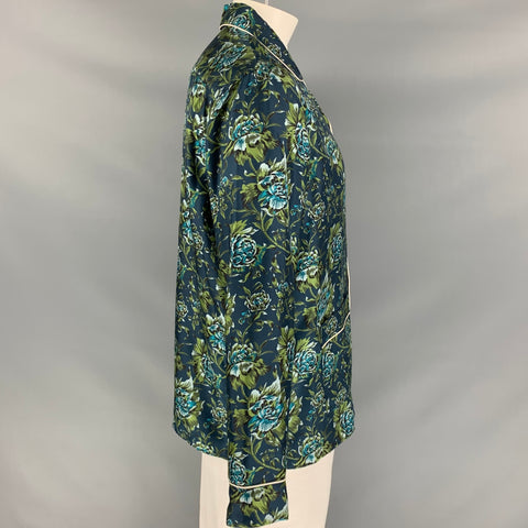 BURBERRY Fall 2016 Size L Navy & Green Floral Silk Pajama Long Sleeve Shirt