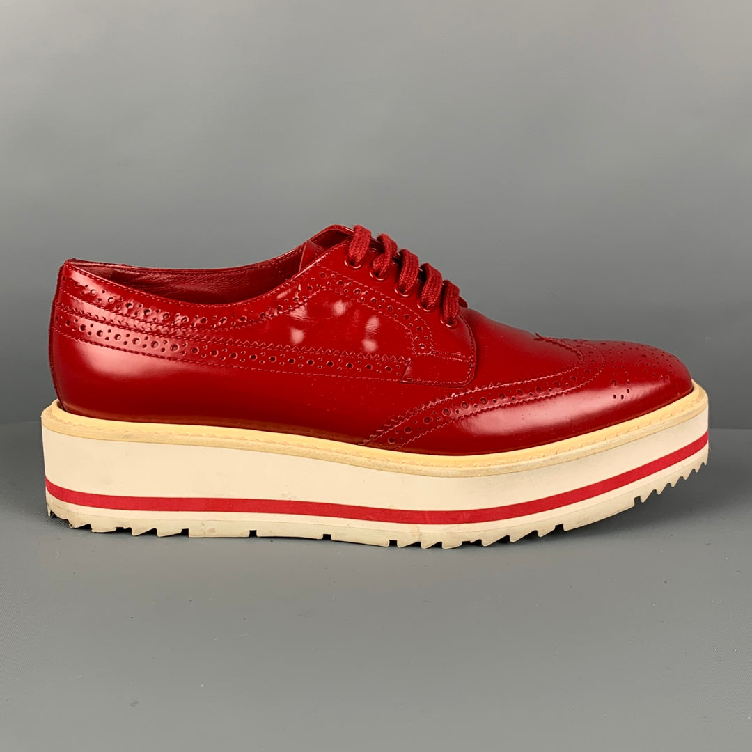 PRADA Size 6 Red White Leather Perforated Wingtip Shoes