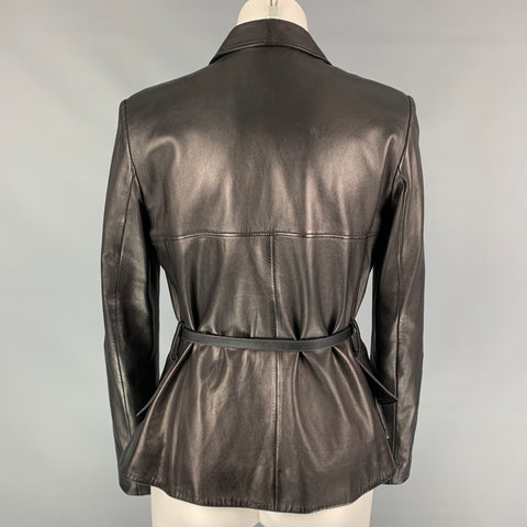 CHRISTIAN DIOR Size 6 Black Leather Belted Flare Jacket