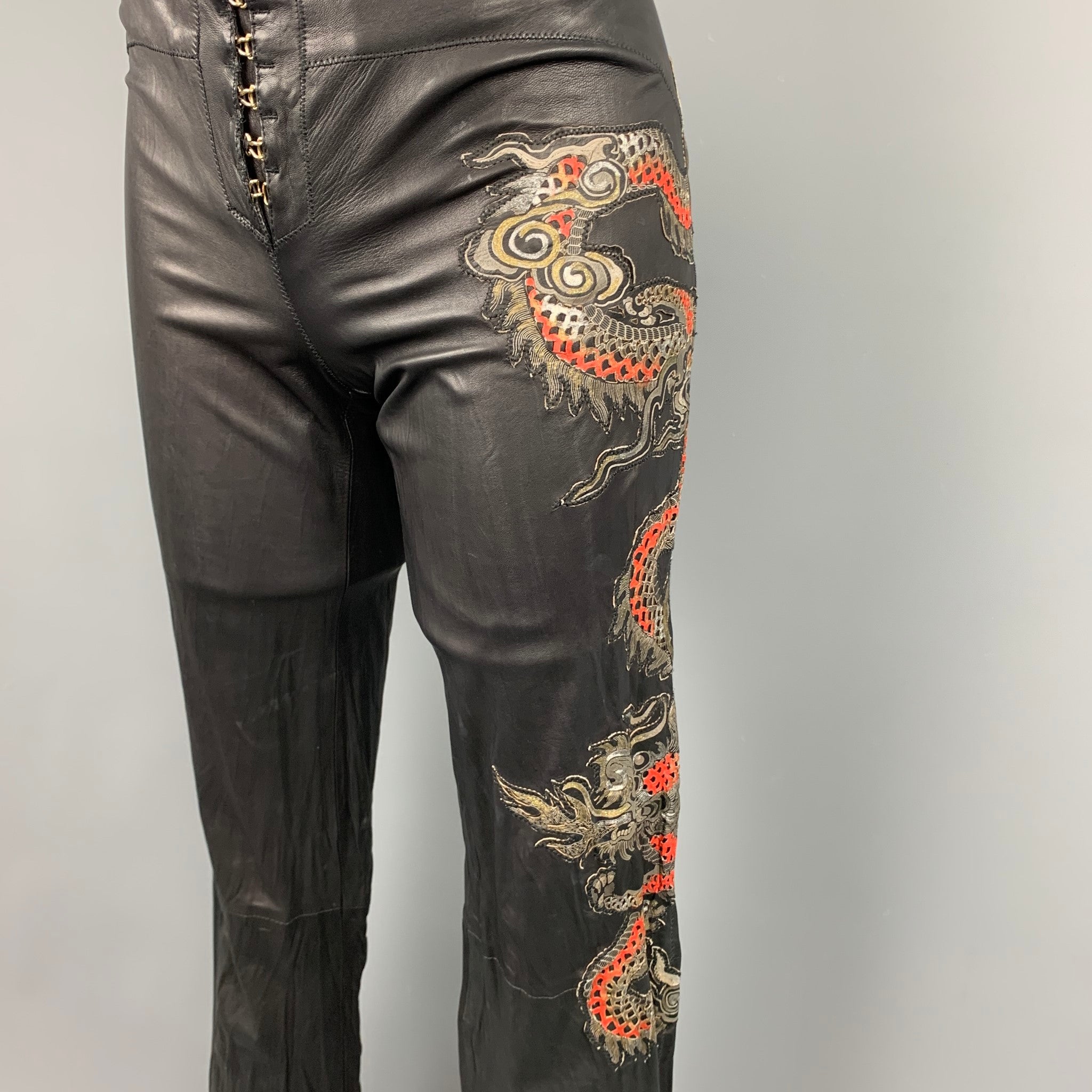 ROBERTO CAVALLI Spring 2003 Size S Black & Red Dragin Embroidered