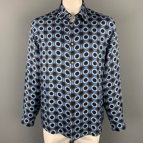 MICHAEL KORS Size XL Blue & Brown Print Silk Button Up Long Sleeve Shirt