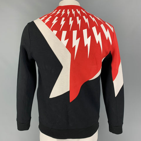 NEIL BARRETT Size L Red Black Print Viscose Blend Crew-Neck Sweater