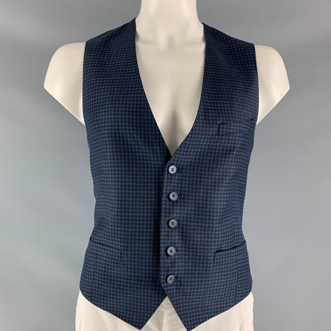 TED BAKER Chaleco azul verde abotonado de lana a cuadros talla 40