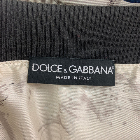 DOLCE & GABBANA Size 44 Beige & Navy Print Silk Zip Up Bomber Jacket