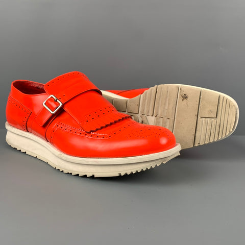 PRADA Size 11 Orange Perforated Leather Monk Strap Loafers