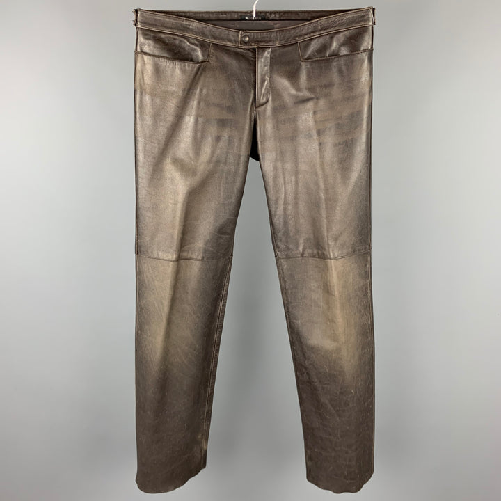 NEIL BARRETT Talla M Pantalones casuales de cuero desgastado marrón con bragueta y cremallera