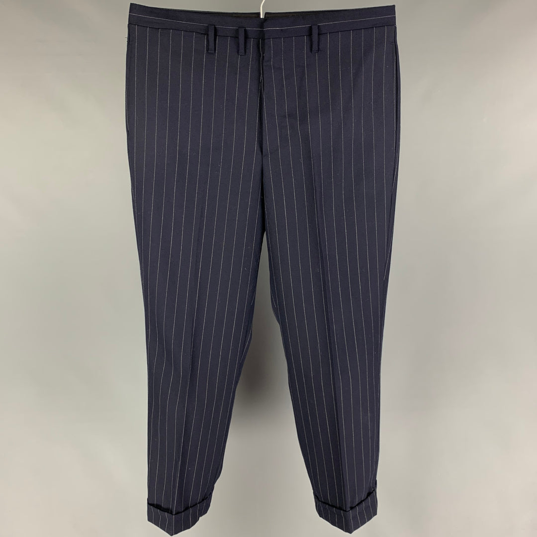 RRL par RALPH LAUREN Taille 36 Pantalon habillé en laine à fines rayures marine avec braguette boutonnée