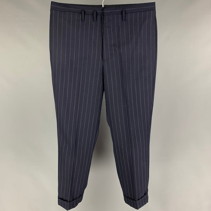 RRL par RALPH LAUREN Taille 36 Pantalon habillé en laine à fines rayures marine avec braguette boutonnée