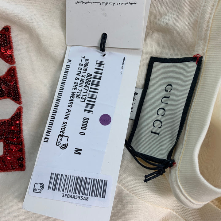 GUCCI Talla M Camiseta con cuello redondo de algodón bordado rojo beige