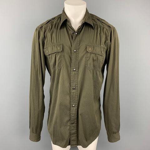PRADA Size L Olive Cotton Blend Snaps Long Sleeve Shirt