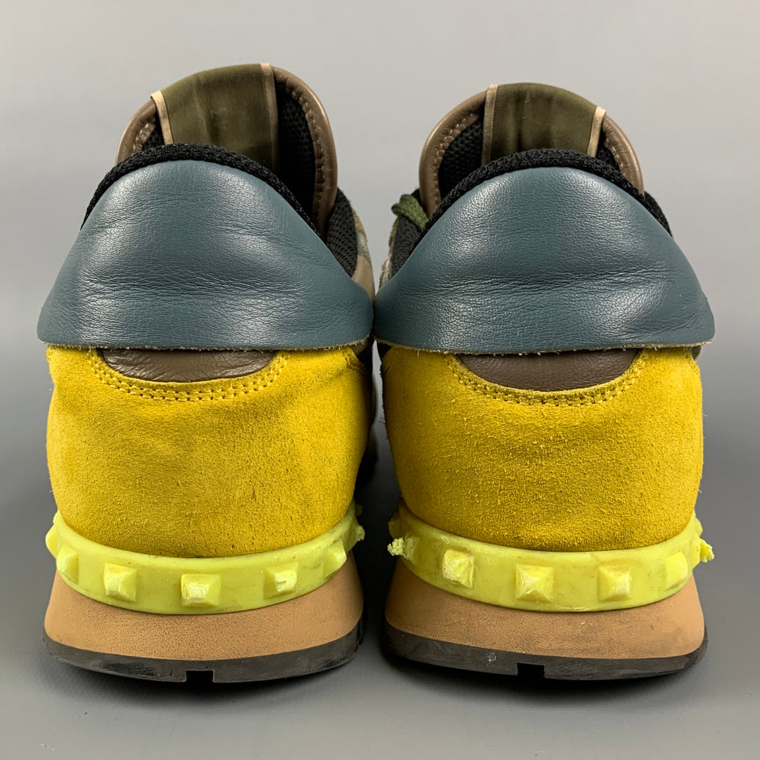 VALENTINO Size 10 Olive & Yellow Camo Nylon Lace Up Sneakers