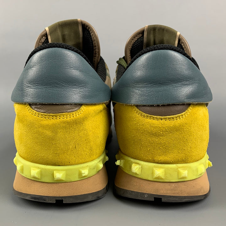 VALENTINO Size 10 Olive & Yellow Camo Nylon Lace Up Sneakers