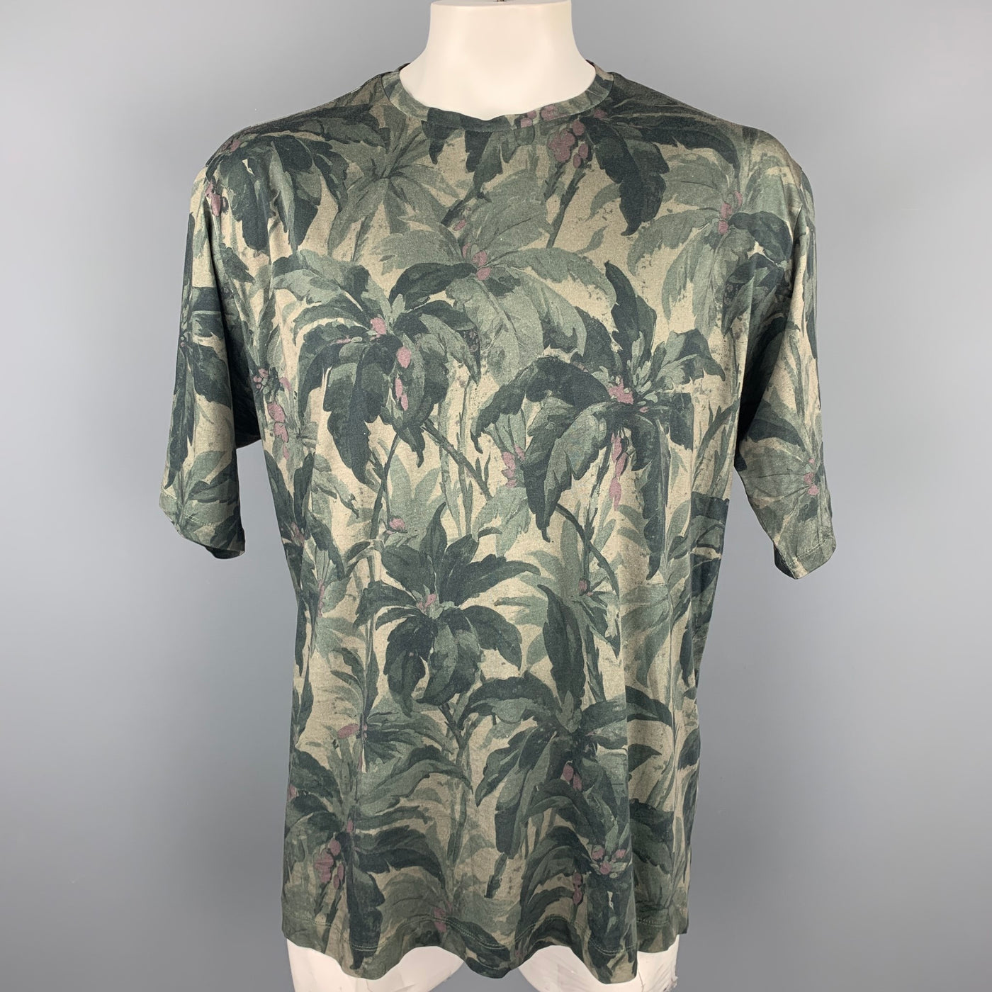 DRIES VAN NOTEN Size XL Olive Print Cotton Crew-Neck T-shirt