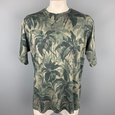 DRIES VAN NOTEN Size XL Olive Print Cotton Crew-Neck T-shirt