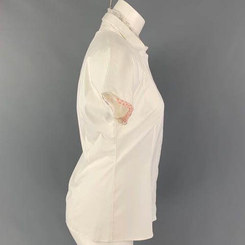 RIVAMONTI Size M White Cotton Blend Short Sleeve Blouse