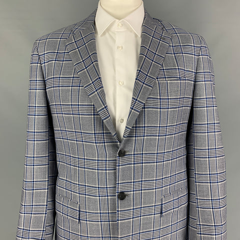 KITON Size 44 Blue Black White Plaid Cashmere Notch Lapel Sport Coat