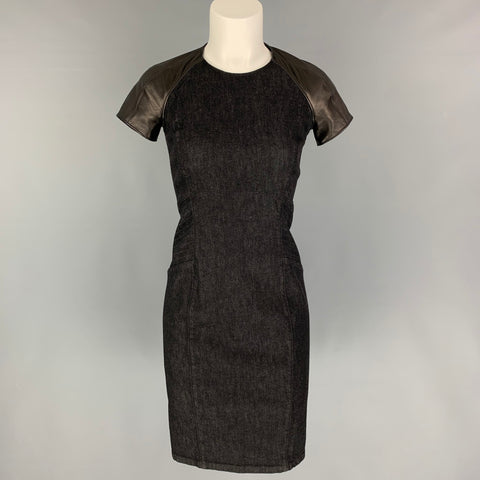 RALPH LAUREN Black Label Talla 2 Vestido de manga corta de piel de cordero de tejidos mixtos negros