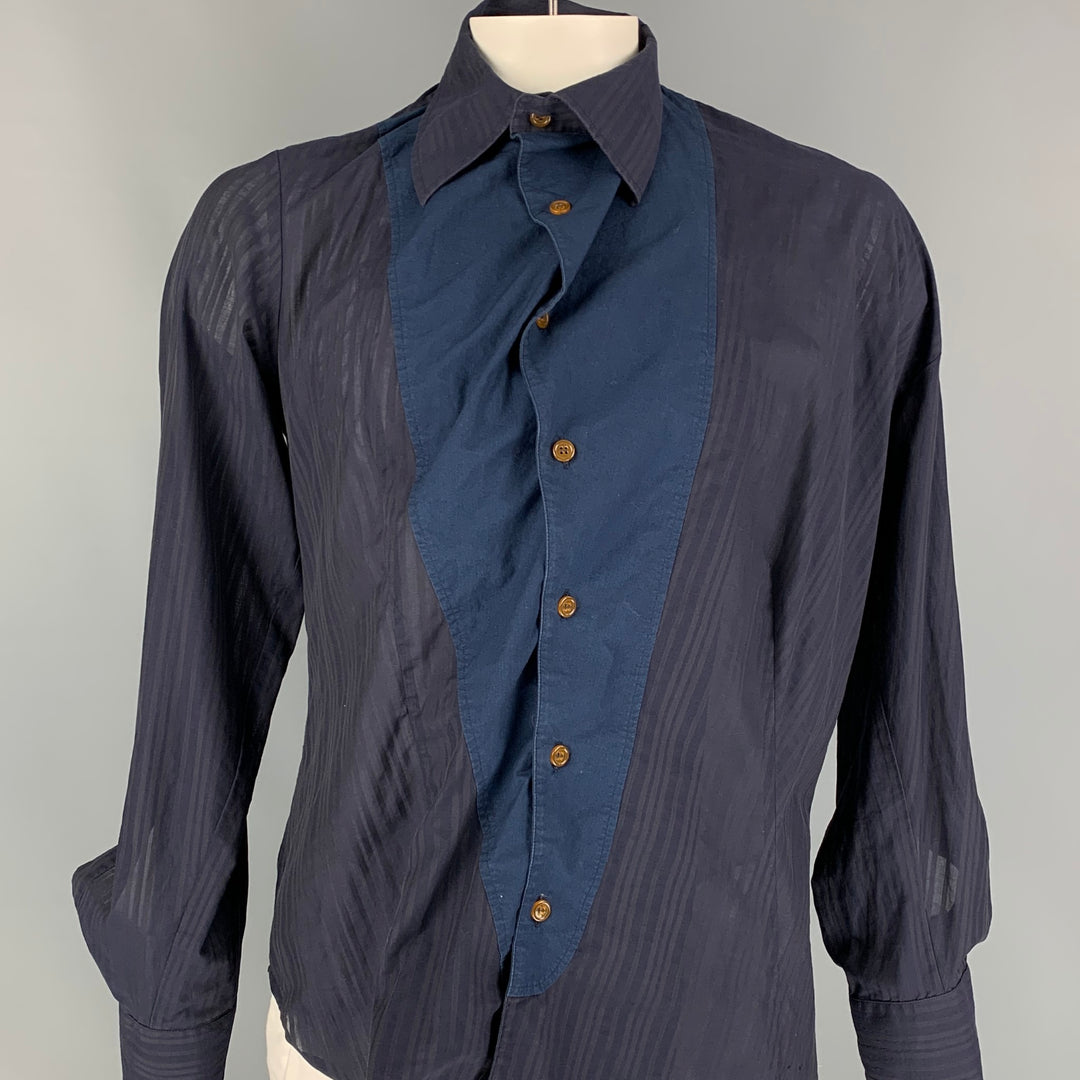 VIVIENNE WESTWOOD MAN Size L Navy & Blue Ruched Cotton Asymmetrical Long Sleeve Shirt