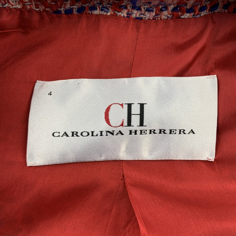 CAROLINA HERRERA Size 4 Red & Blue Boucle Cotton Blend Hook & Eye Jacket