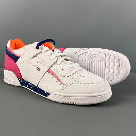 REEBOK Size 10.5 White Magenta Color Block Leather Lace Up Sneakers