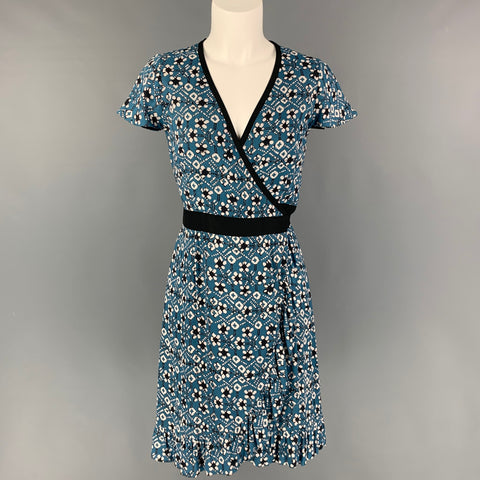 MARGARET OLEARY Blue White Black Abstract Floral Viscose Wrap Dress