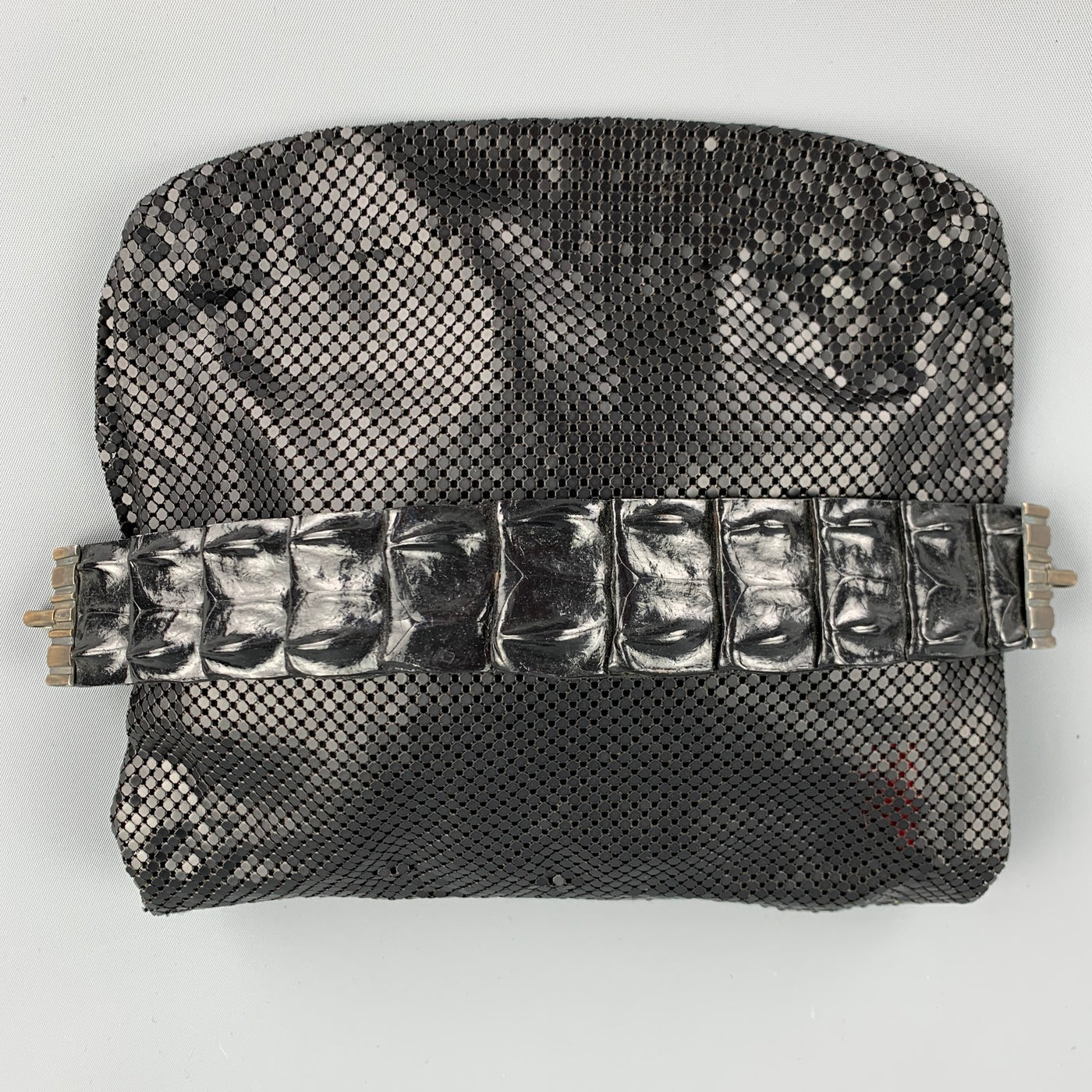 LAURA B Black Mesh Metal Alligator Evening Handbag