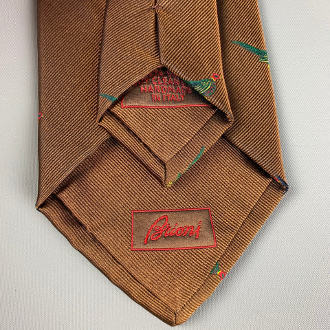 BRIONI Brown Green Bird Print Silk Tie