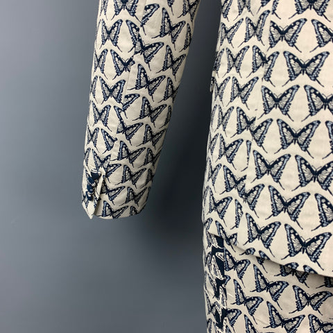 MR TURK Size 40 Beige & Navy Butterfly Print Cotton Blend Notch Lapel Suit