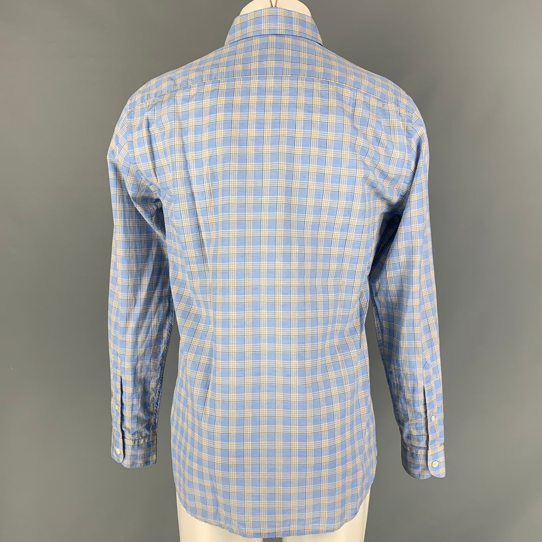 ERMENEGILDO ZEGNA Size M Blue &  Beige Checkered Cotton and Linen Long Sleeve Shirt