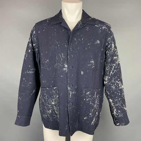 SCHNEYDERMAN'S Size M Navy & White Splattered Cotton / Viscose Overshirt Boxy Jacket