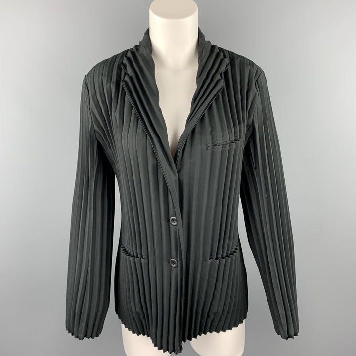 ISSEY MIYAKE Size L Black Pleated Polyester Buttoned Jacket