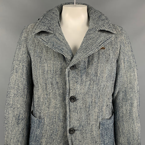 45rpm Size L Indigo & Beige Stripe Wool Down Fill Notch Lapel Coat
