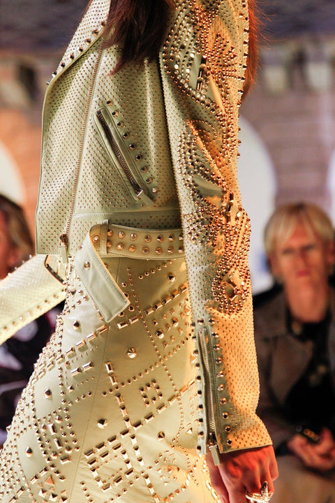 VERSACE Spring 2012 Size 2 Yellow & Gold Studded Leather Biker Jacket