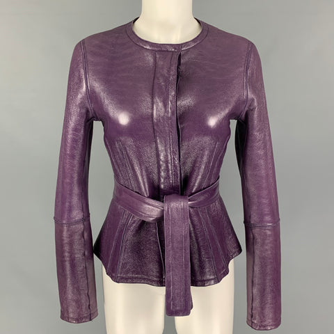 YVES SAINT LAURENT Size 6 Purple Shearling Patent Leather Reversible Belted Jacket