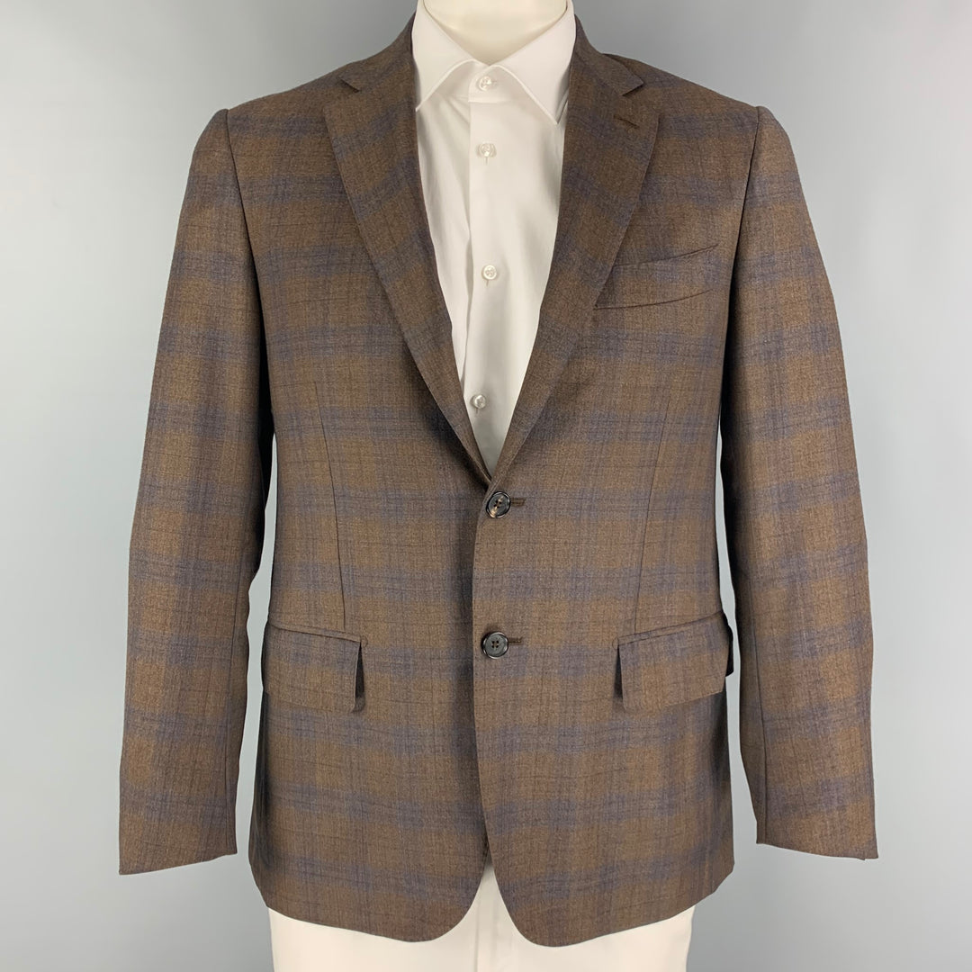 ISAIA Size 40 Brown Blue Plaid Wool Cashmere Single Breasted Sport Coat