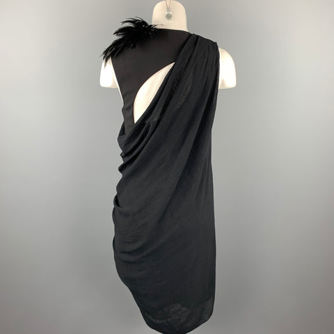 HELMUT LANG Size 6 Black Feather Polyester Draped Shoulder Dress
