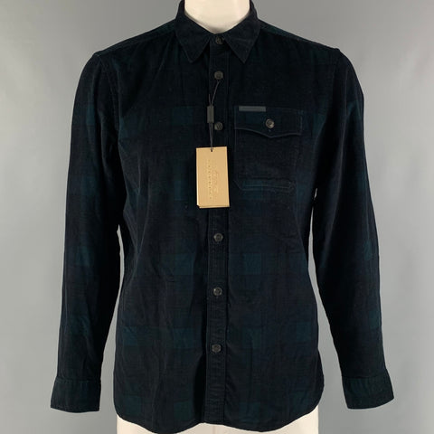 BURBERRY Size XL Navy Green Blackwatch Plaid Cotton Long Sleeve Shirt