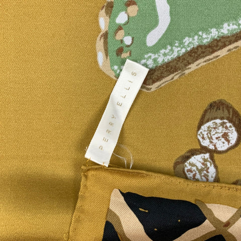 PERRY ELLIS Gold Black Pastries Print Silk Scarf