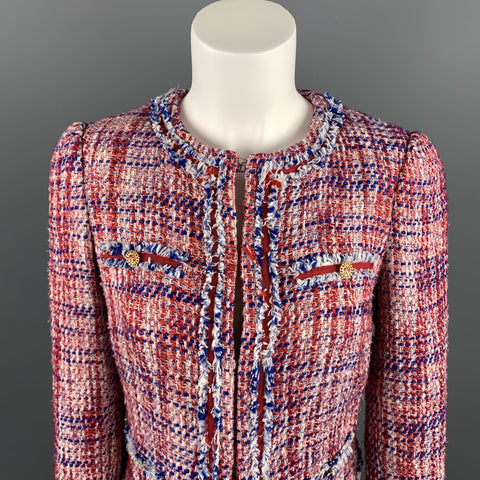 CAROLINA HERRERA Size 4 Red & Blue Boucle Cotton Blend Hook & Eye Jacket