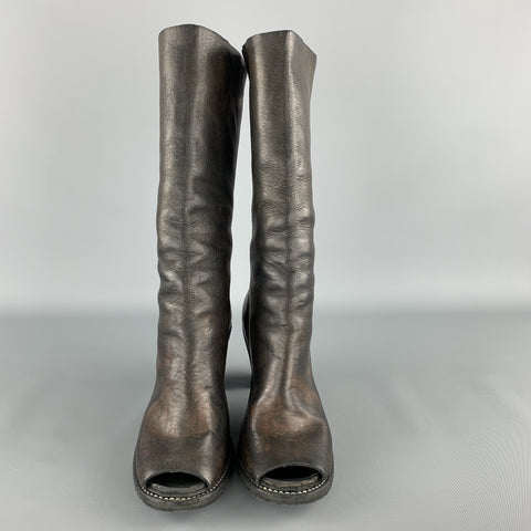 GUIDI Size 7 Brown Leather Horsehide Heeled Peep Toe Boots